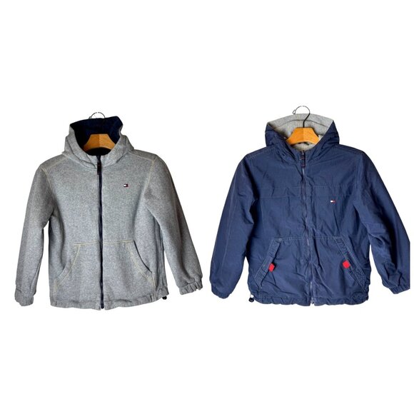 Tommy Hilfiger Jacket Boys 7 Blue Gray Full Zip‎ Reversible Hooded Coat Outdoor - Picture 1 of 15